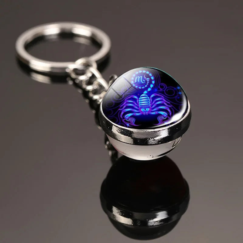 Creative 12 Constellation Key Ring Time Stone Double-Sided Glass Ball Metal Keychain Pendant Key Chain Accessories Fashion Gift